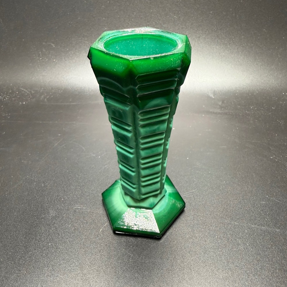 Vintage Malachite Glass Bud Vase Emerald Green Art Deco Hexagonal Tiered 4 inch